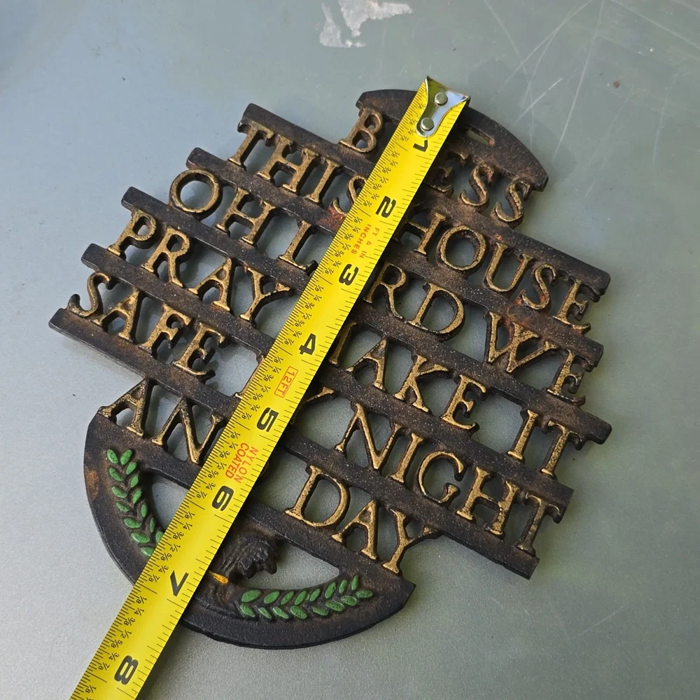 Vintage Wilton Cast Iron Metal Trivet Wall Hanging Bless This House Gold Letters